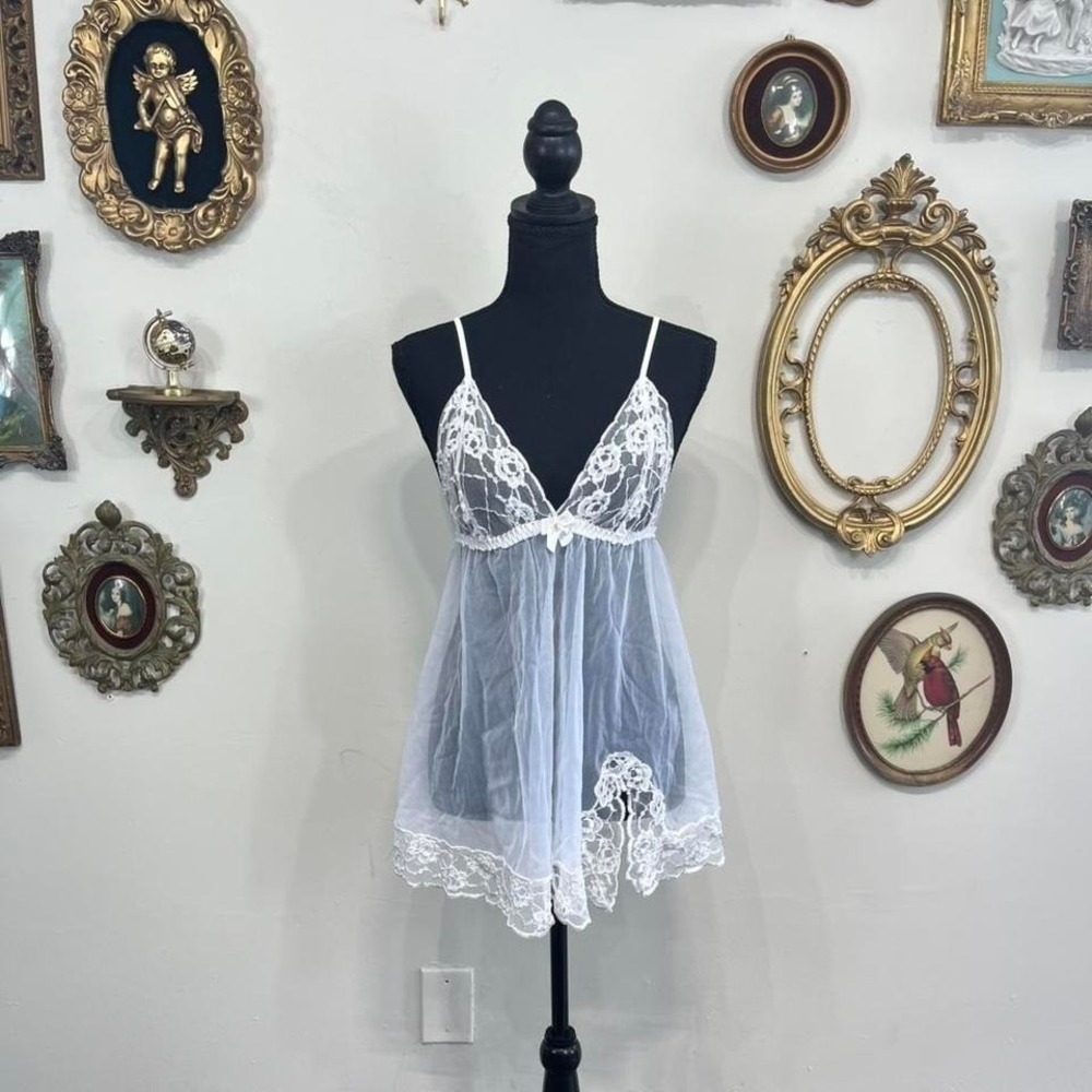 Vintage Frederick's of Hollywood White Lace Sheer Babydoll Lingerie Dress